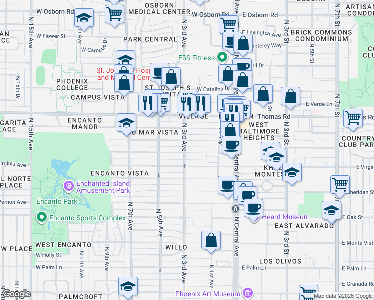 map of restaurants, bars, coffee shops, grocery stores, and more near 308 West Windsor Avenue in Phoenix