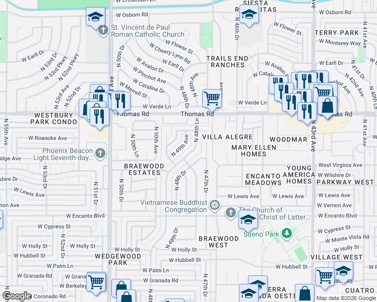 map of restaurants, bars, coffee shops, grocery stores, and more near 2807 North 49th Avenue in Phoenix