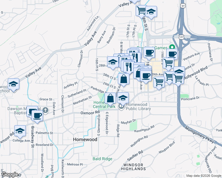 map of restaurants, bars, coffee shops, grocery stores, and more near 1612 29th Court South in Birmingham