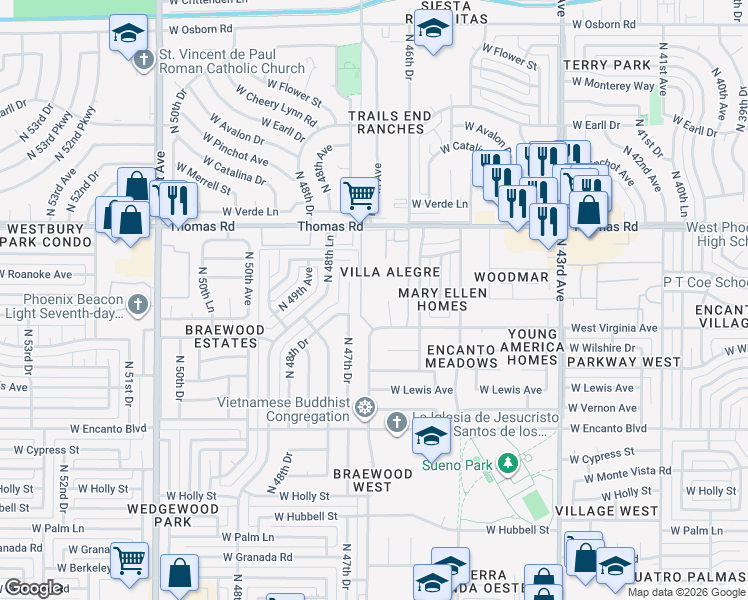 map of restaurants, bars, coffee shops, grocery stores, and more near 4625 West Thomas Road in Phoenix