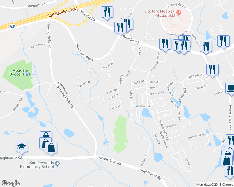map of restaurants, bars, coffee shops, grocery stores, and more near 1605 Emma Street in Augusta