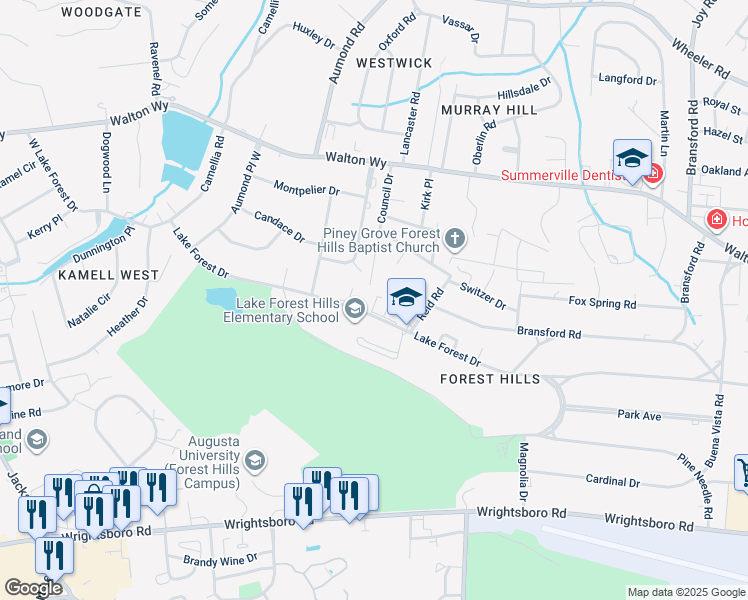 map of restaurants, bars, coffee shops, grocery stores, and more near 3151 Lake Forest Drive in Augusta