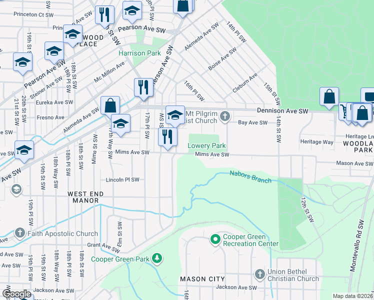 map of restaurants, bars, coffee shops, grocery stores, and more near 1419 16th Way Southwest in Birmingham