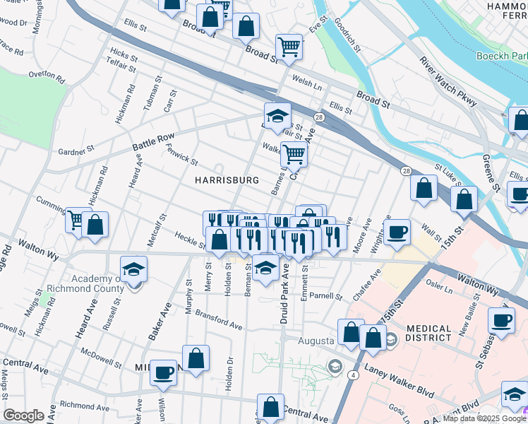 map of restaurants, bars, coffee shops, grocery stores, and more near 1815 Starnes Street in Augusta