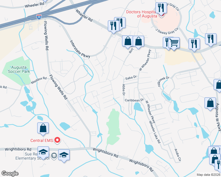 map of restaurants, bars, coffee shops, grocery stores, and more near 1503 Abby Way in Augusta