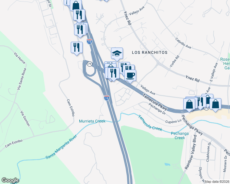 map of restaurants, bars, coffee shops, grocery stores, and more near 44671 La Paz Road in Temecula