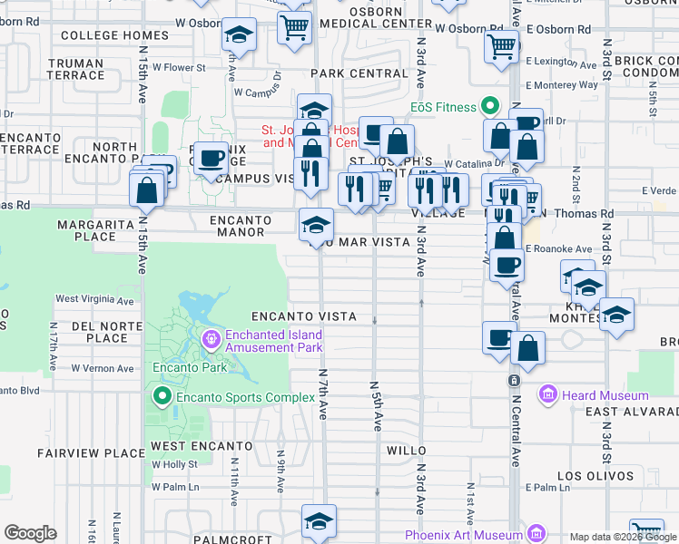 map of restaurants, bars, coffee shops, grocery stores, and more near 521 West Windsor Avenue in Phoenix