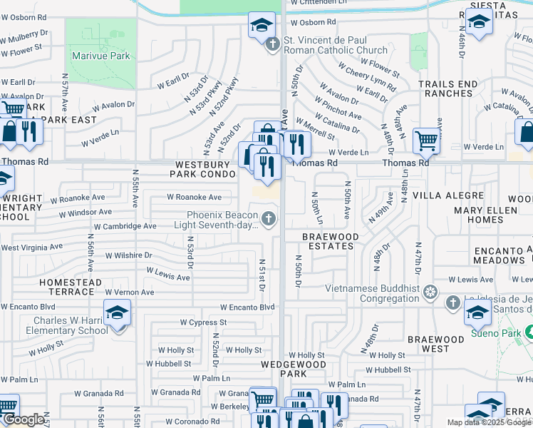 map of restaurants, bars, coffee shops, grocery stores, and more near 2634 North 51st Avenue in Phoenix
