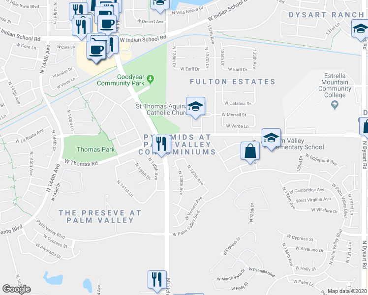 map of restaurants, bars, coffee shops, grocery stores, and more near 2801 North Litchfield Road in Goodyear