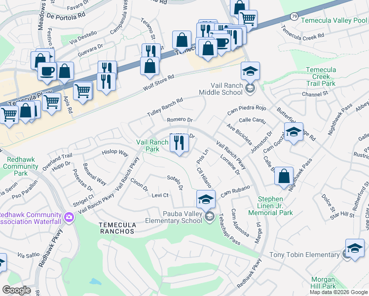 map of restaurants, bars, coffee shops, grocery stores, and more near 44658 Mill Run in Temecula