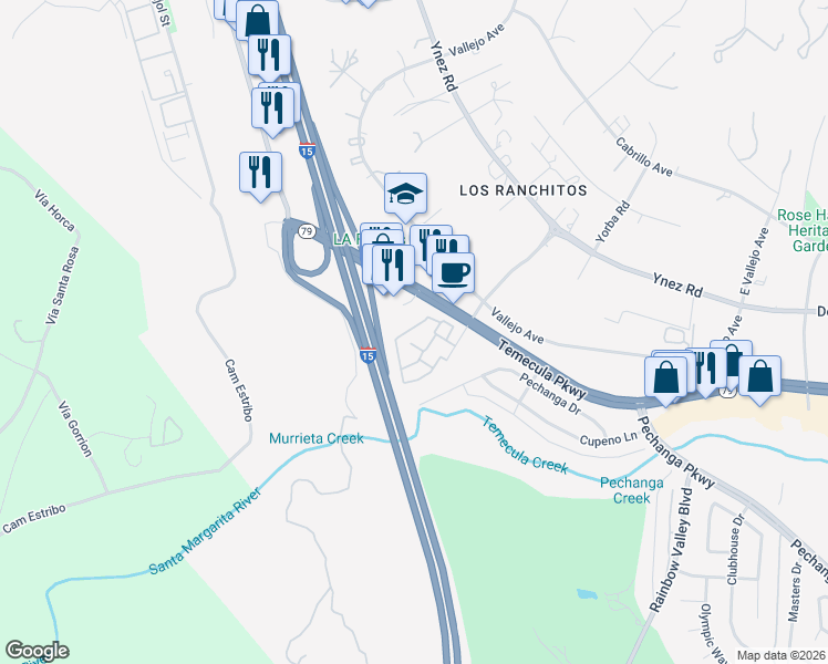 map of restaurants, bars, coffee shops, grocery stores, and more near 44520 Bedford Court in Temecula