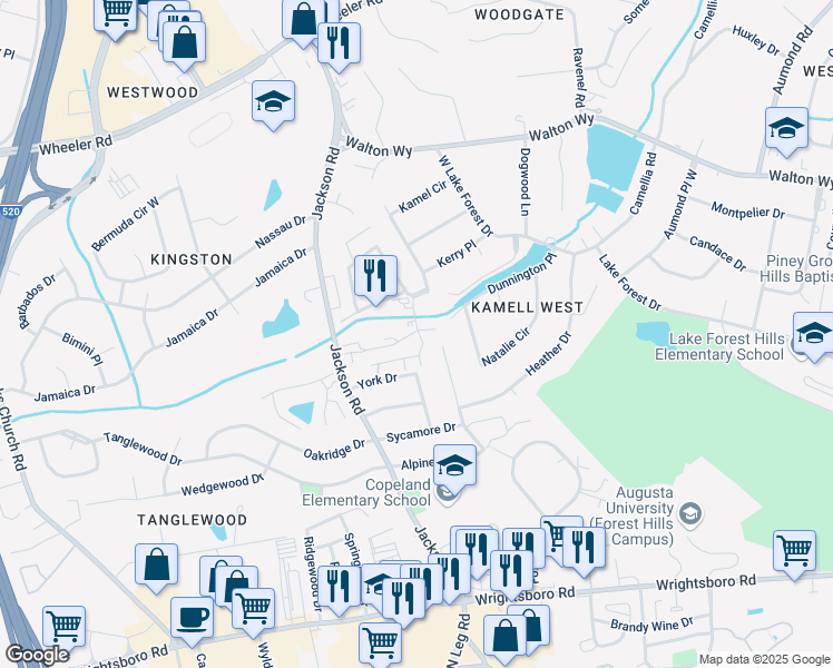 map of restaurants, bars, coffee shops, grocery stores, and more near 3206 West Wimbledon Drive in Augusta