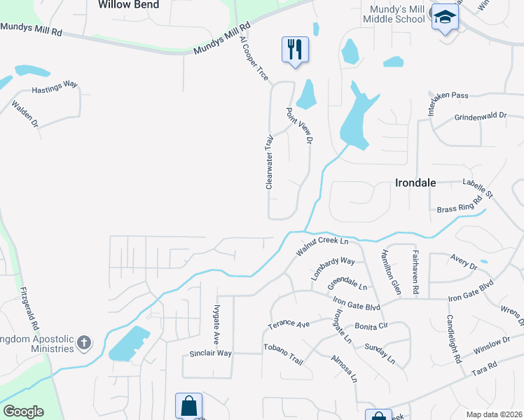 map of restaurants, bars, coffee shops, grocery stores, and more near 10165 Clearwater Trail in Jonesboro