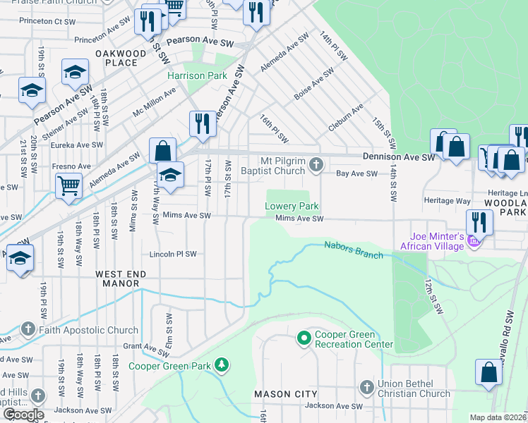 map of restaurants, bars, coffee shops, grocery stores, and more near 1419 16th Way Southwest in Birmingham