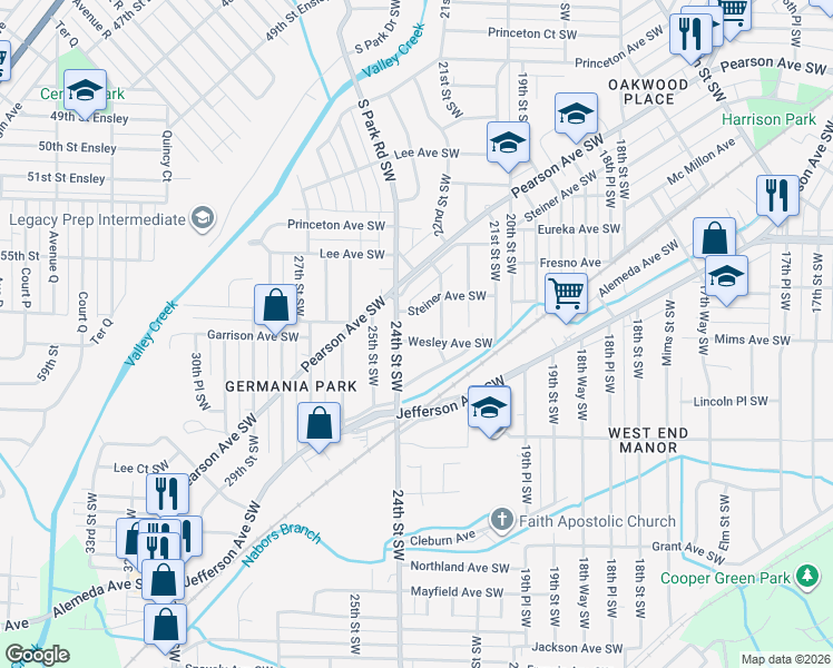 map of restaurants, bars, coffee shops, grocery stores, and more near 2335 Steiner Avenue Southwest in Birmingham