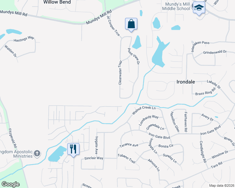 map of restaurants, bars, coffee shops, grocery stores, and more near 10165 Clearwater Trail in Jonesboro