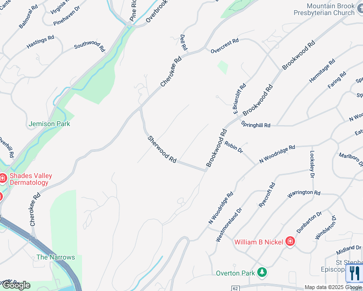 map of restaurants, bars, coffee shops, grocery stores, and more near 3016 Woodleigh Road in Birmingham