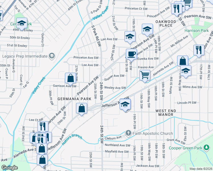 map of restaurants, bars, coffee shops, grocery stores, and more near 2335 Steiner Avenue Southwest in Birmingham