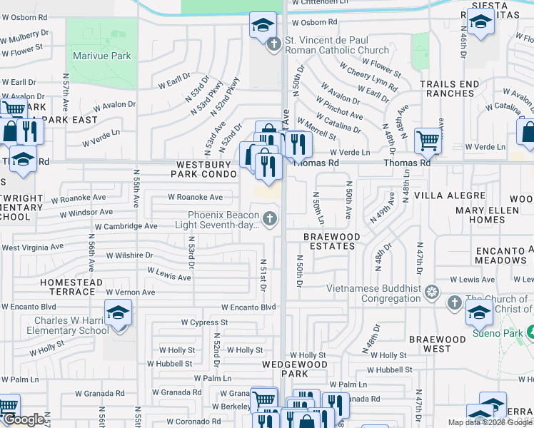 map of restaurants, bars, coffee shops, grocery stores, and more near 2634 North 51st Avenue in Phoenix