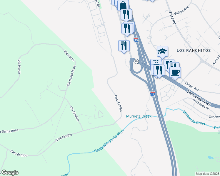 map of restaurants, bars, coffee shops, grocery stores, and more near Camino Estribo in Temecula