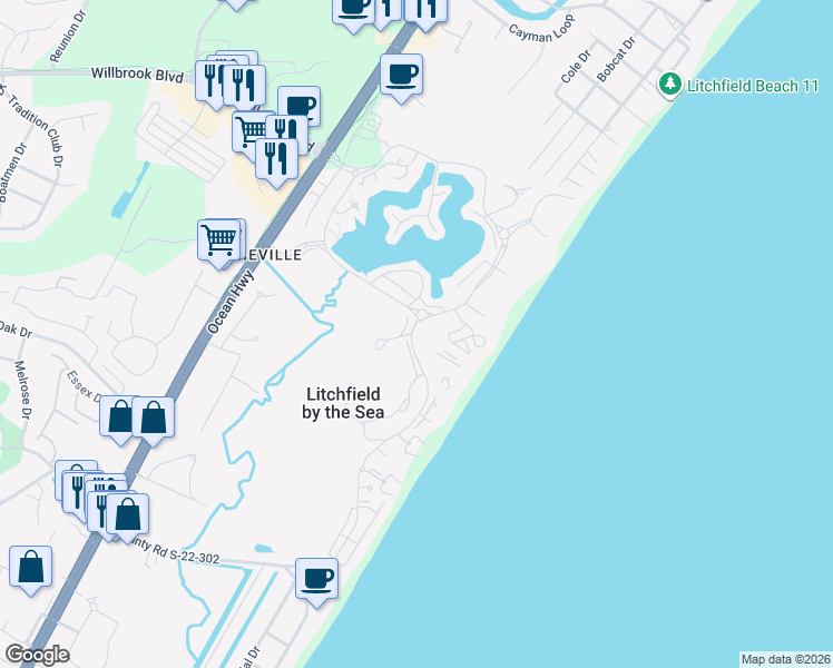 map of restaurants, bars, coffee shops, grocery stores, and more near 145 South Dunes Drive in Pawleys Island