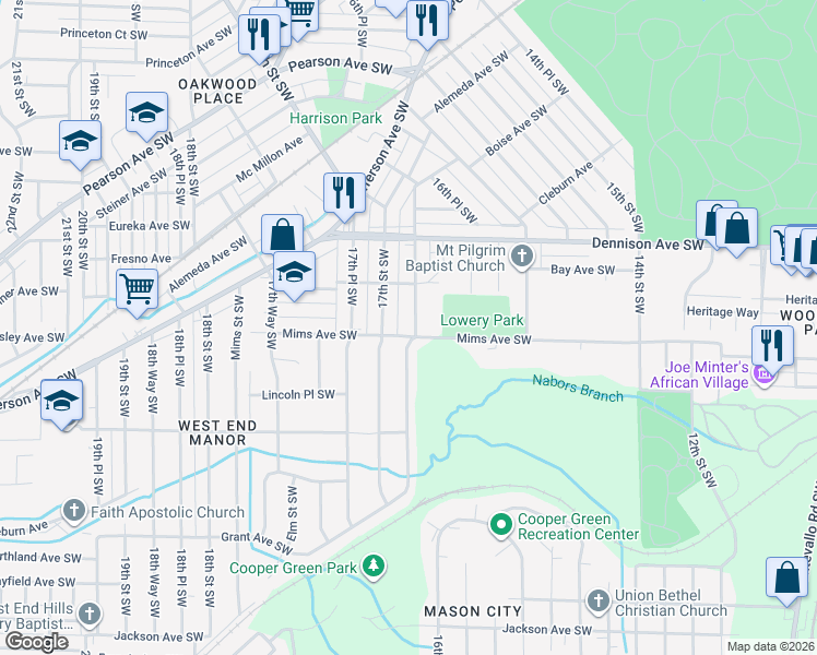 map of restaurants, bars, coffee shops, grocery stores, and more near 1424 16th Way Southwest in Birmingham