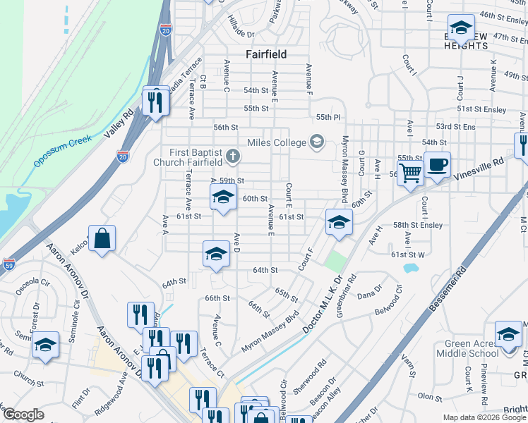 map of restaurants, bars, coffee shops, grocery stores, and more near 501 60th Street Ensley in Fairfield