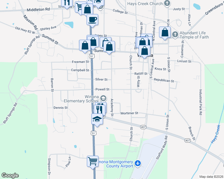 map of restaurants, bars, coffee shops, grocery stores, and more near 490 Academy Street in Winona
