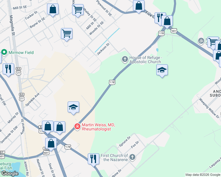 map of restaurants, bars, coffee shops, grocery stores, and more near 1 Joe S Jeffords Highway in Orangeburg