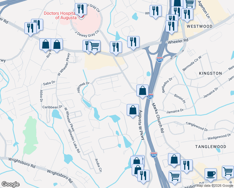 map of restaurants, bars, coffee shops, grocery stores, and more near 2104 Larks Court in Augusta