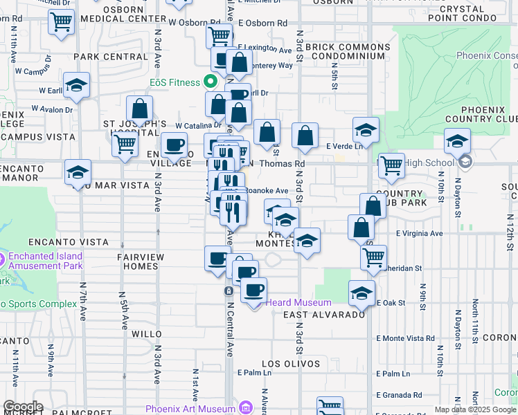 map of restaurants, bars, coffee shops, grocery stores, and more near 2727 North Central Avenue in Phoenix