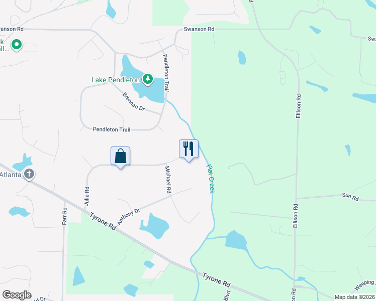 map of restaurants, bars, coffee shops, grocery stores, and more near 320 Julie Road in Tyrone
