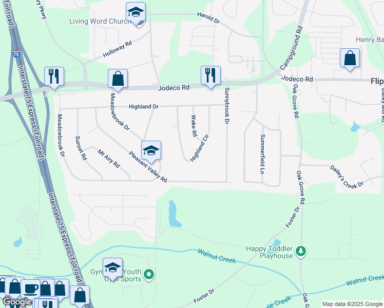 map of restaurants, bars, coffee shops, grocery stores, and more near 105 Highland Circle in McDonough