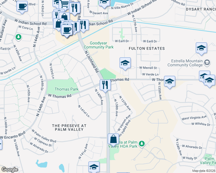 map of restaurants, bars, coffee shops, grocery stores, and more near 2801 North Litchfield Road in Goodyear