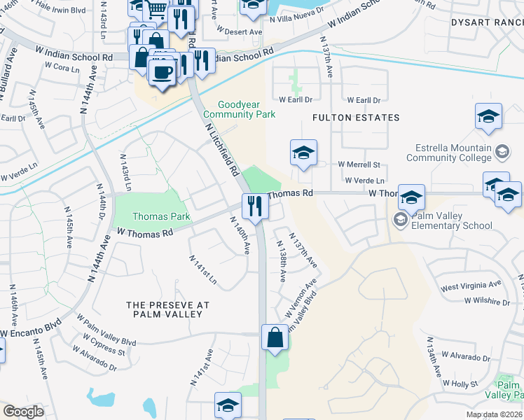 map of restaurants, bars, coffee shops, grocery stores, and more near 2801 North Litchfield Road in Goodyear
