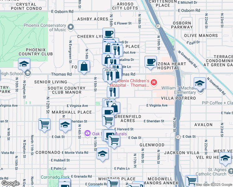 map of restaurants, bars, coffee shops, grocery stores, and more near 2701 North 16th Street in Phoenix