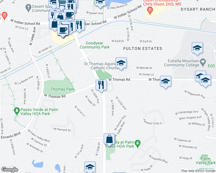 map of restaurants, bars, coffee shops, grocery stores, and more near 2801 Litchfield Road in Goodyear