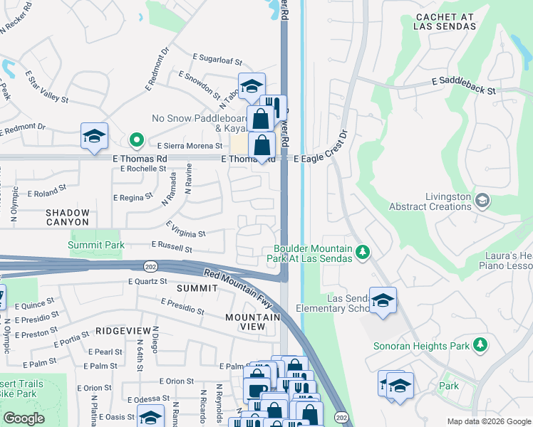 map of restaurants, bars, coffee shops, grocery stores, and more near 6717 East Regina Street in Mesa