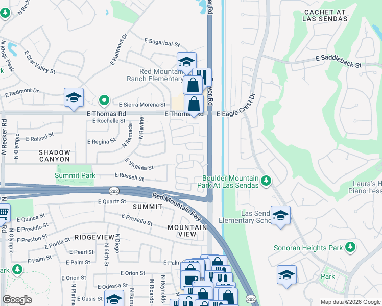 map of restaurants, bars, coffee shops, grocery stores, and more near 6717 East Regina Street in Mesa