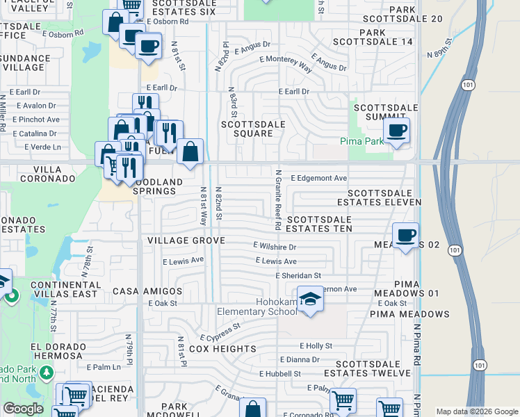 map of restaurants, bars, coffee shops, grocery stores, and more near 8310 East Windsor Avenue in Scottsdale