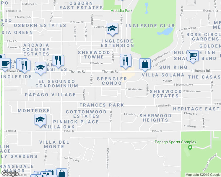 map of restaurants, bars, coffee shops, grocery stores, and more near 5402 East Windsor Avenue in Phoenix