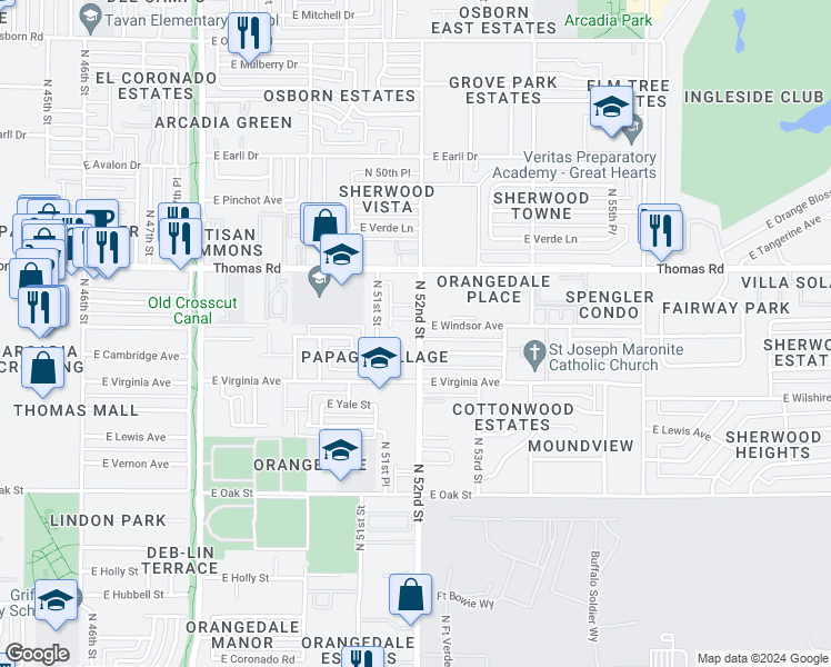 map of restaurants, bars, coffee shops, grocery stores, and more near 5118 East Windsor Avenue in Phoenix