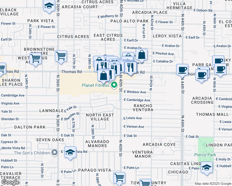 map of restaurants, bars, coffee shops, grocery stores, and more near 3975 East Thomas Road in Phoenix