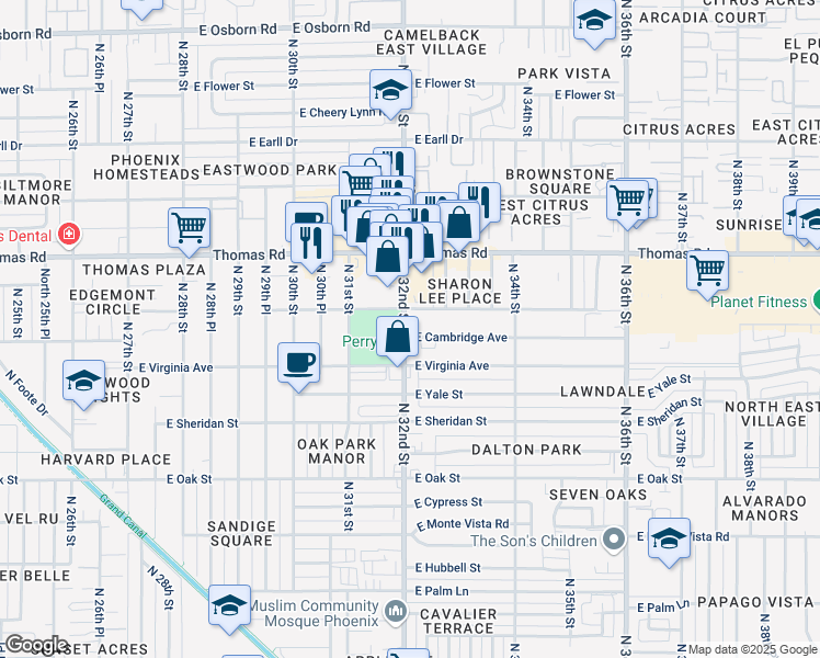 map of restaurants, bars, coffee shops, grocery stores, and more near 2727 North 32nd Street in Phoenix