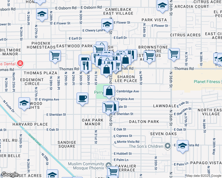 map of restaurants, bars, coffee shops, grocery stores, and more near 2727 North 32nd Street in Phoenix