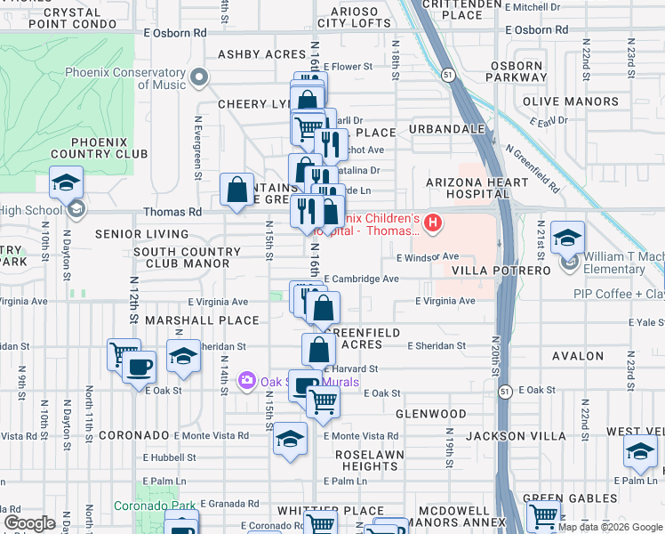 map of restaurants, bars, coffee shops, grocery stores, and more near 2701 North 16th Street in Phoenix