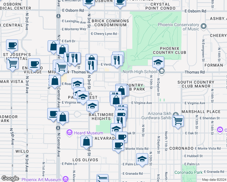 map of restaurants, bars, coffee shops, grocery stores, and more near 501 East Roanoke Avenue in Phoenix