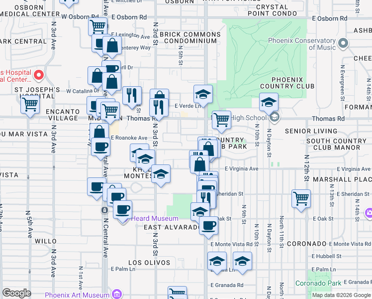 map of restaurants, bars, coffee shops, grocery stores, and more near 501 East Roanoke Avenue in Phoenix