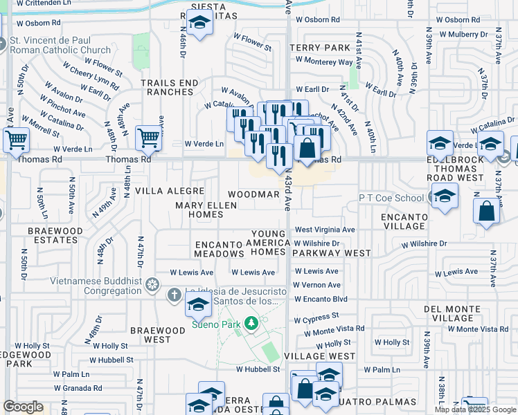 map of restaurants, bars, coffee shops, grocery stores, and more near 2674 North 43rd Avenue in Phoenix
