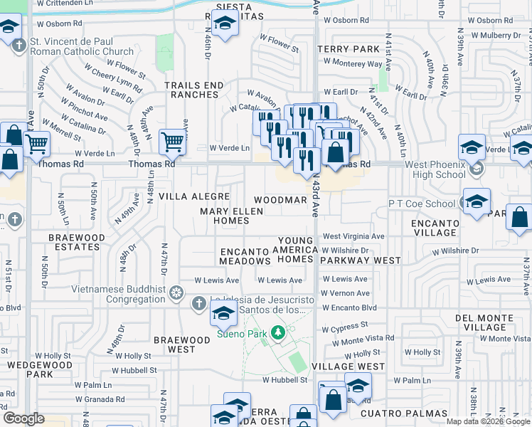 map of restaurants, bars, coffee shops, grocery stores, and more near 2806 North 43rd Avenue in Phoenix